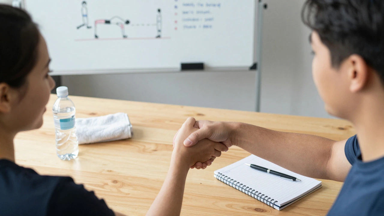 Trainer and client shaking hands over workout plan