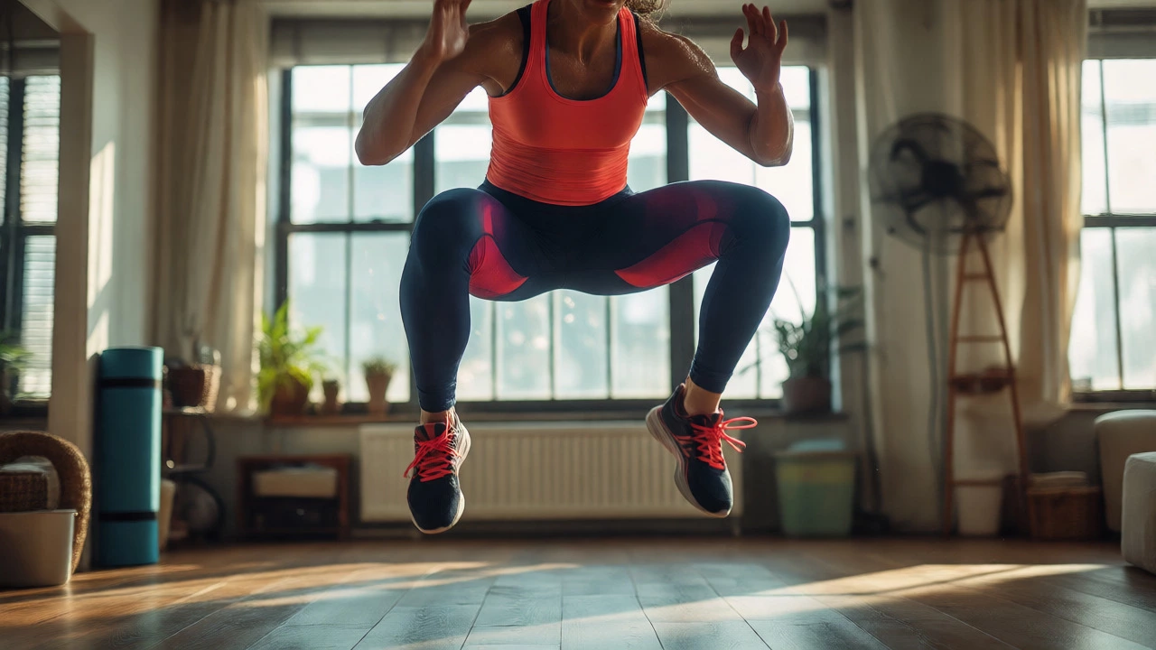 Athlete performing an explosive jump squat during a HIIT workout in a small apartment.