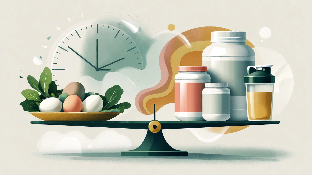 Balanced scale comparing eggs and protein powder