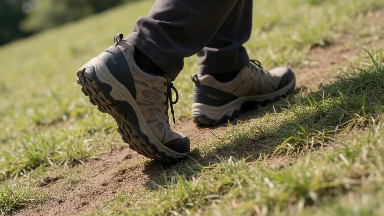 Close-up of feet walking up a grassy hill, demonstrating incline walking for weight loss.