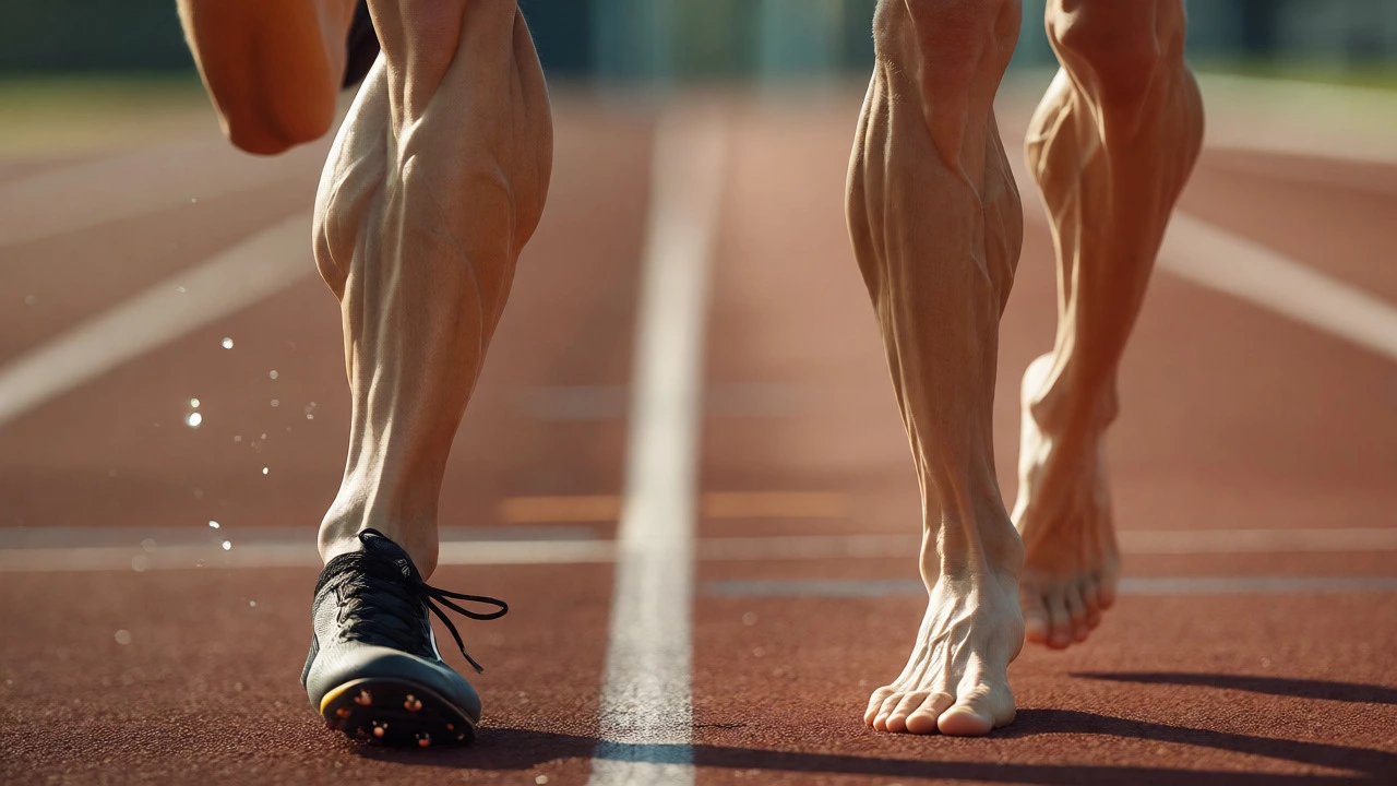 Close-up of sprinter's muscular calves next to distance runner's slender legs