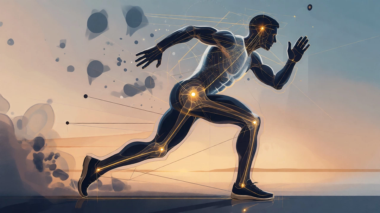 Digital art overlay showing biomechanical forces and body shape transitions