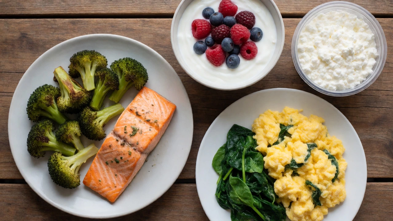 Flat lay of high-protein rest day meals including salmon and eggs