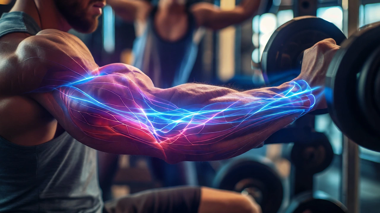 Glowing energy paths in muscles during weightlifting