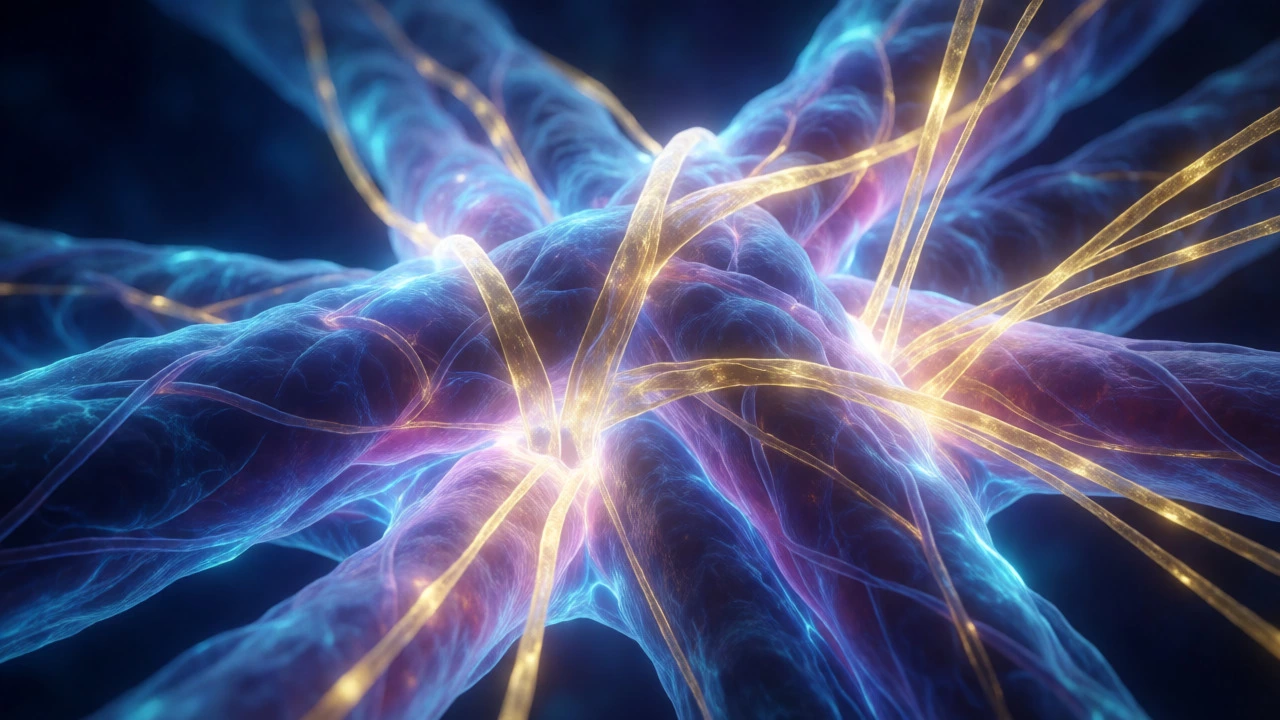 Glowing muscle fibers being repaired by golden amino acid threads
