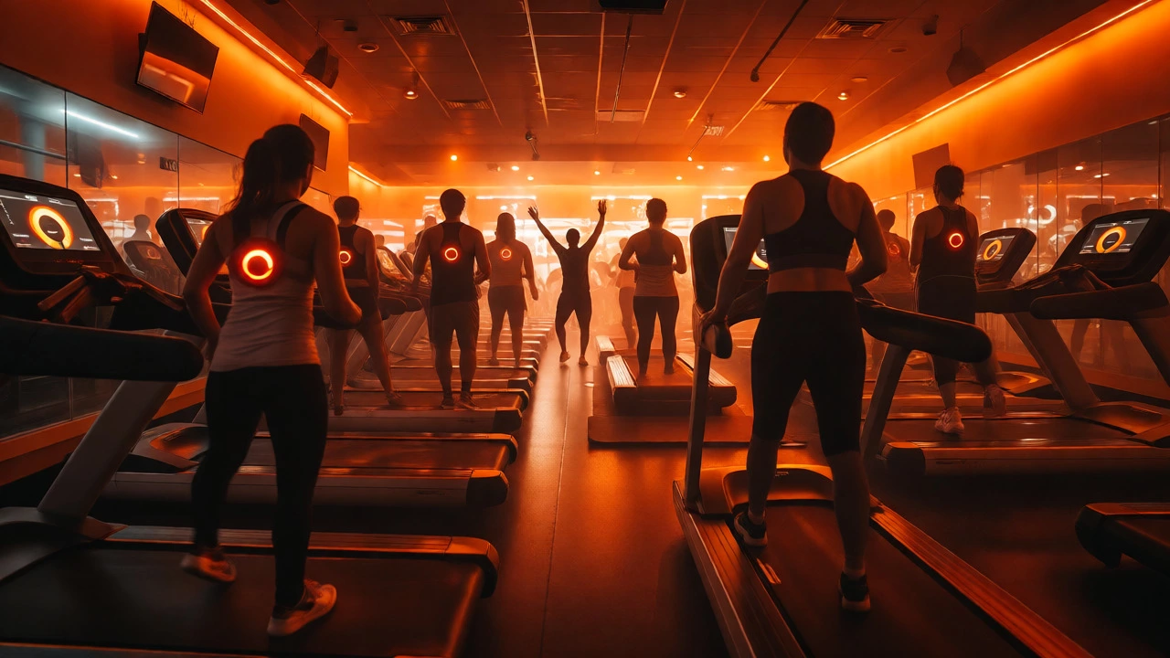 Group exercising in orange-lit fitness studio with heart rate monitors