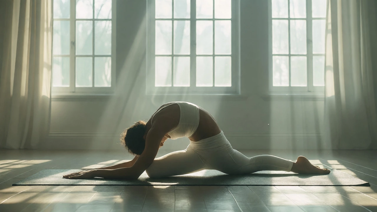 Individual practicing a deep yoga stretch in a sunlit, minimalist room.