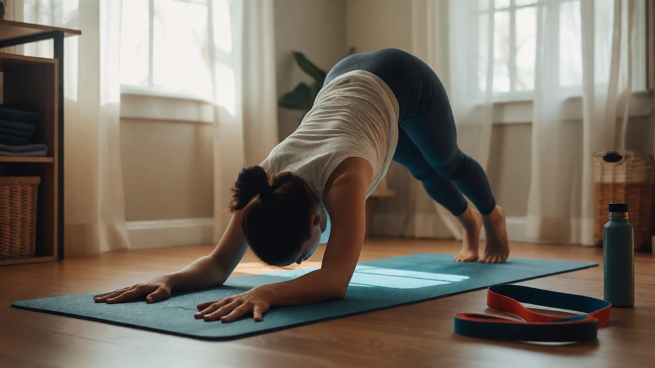 Individual practicing a yoga plank pose on a mat in a quiet, naturally lit home space.