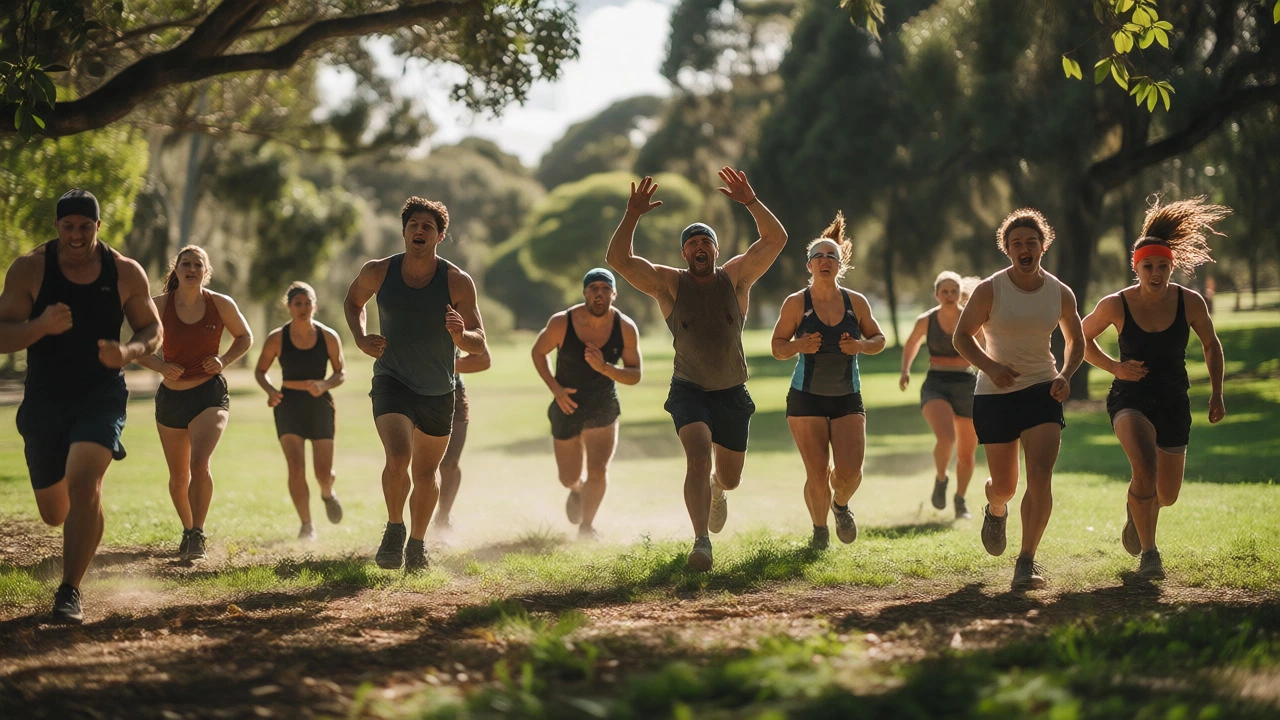 Outdoor boot camp participants sprinting and carrying partners in a park