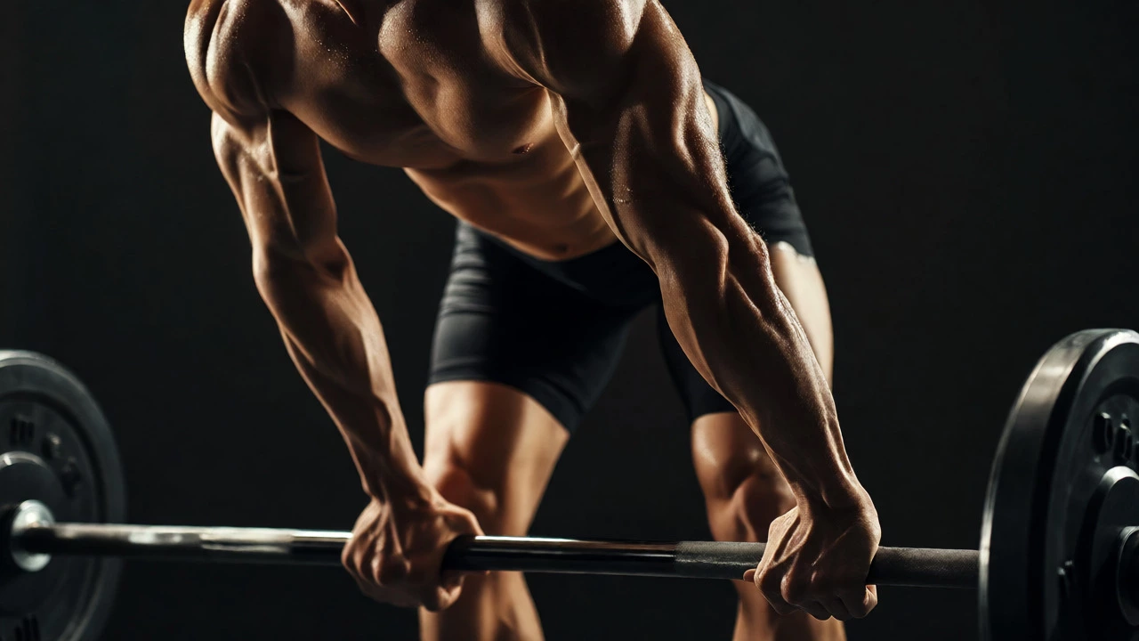 Person lifting a barbell with perfect form in a dimly lit gym setting.