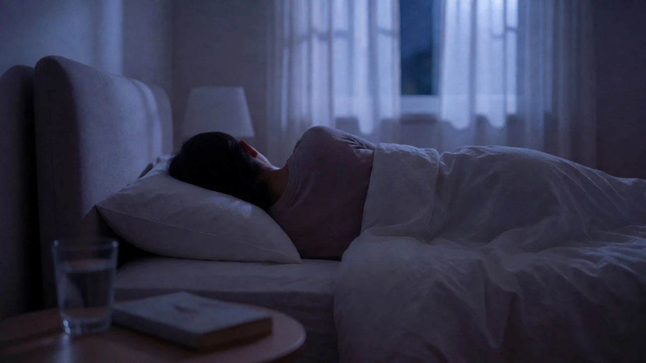 Person sleeping peacefully in a dark bedroom illuminated by moonlight