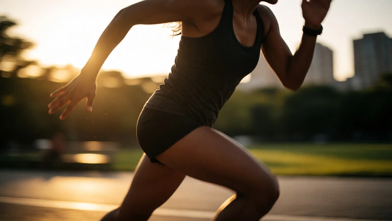 Person sprinting intensely outdoors during golden hour for HIIT workout