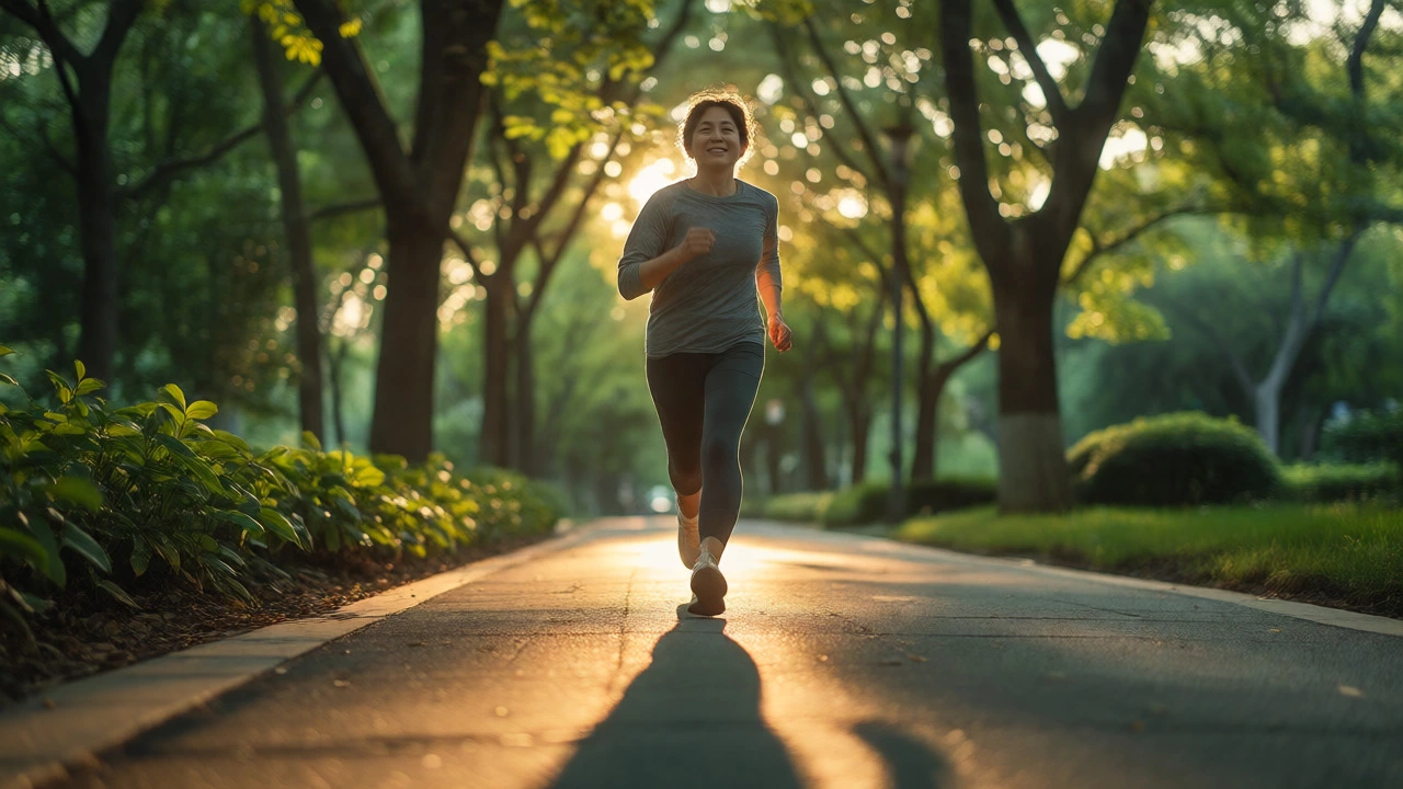 Person walking briskly in a sunny park