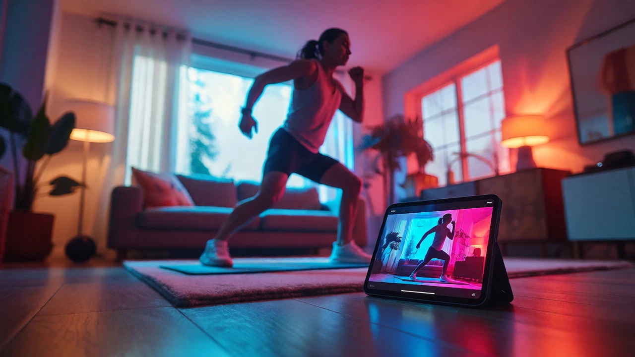 Person working out at home watching a fitness class on a tablet.
