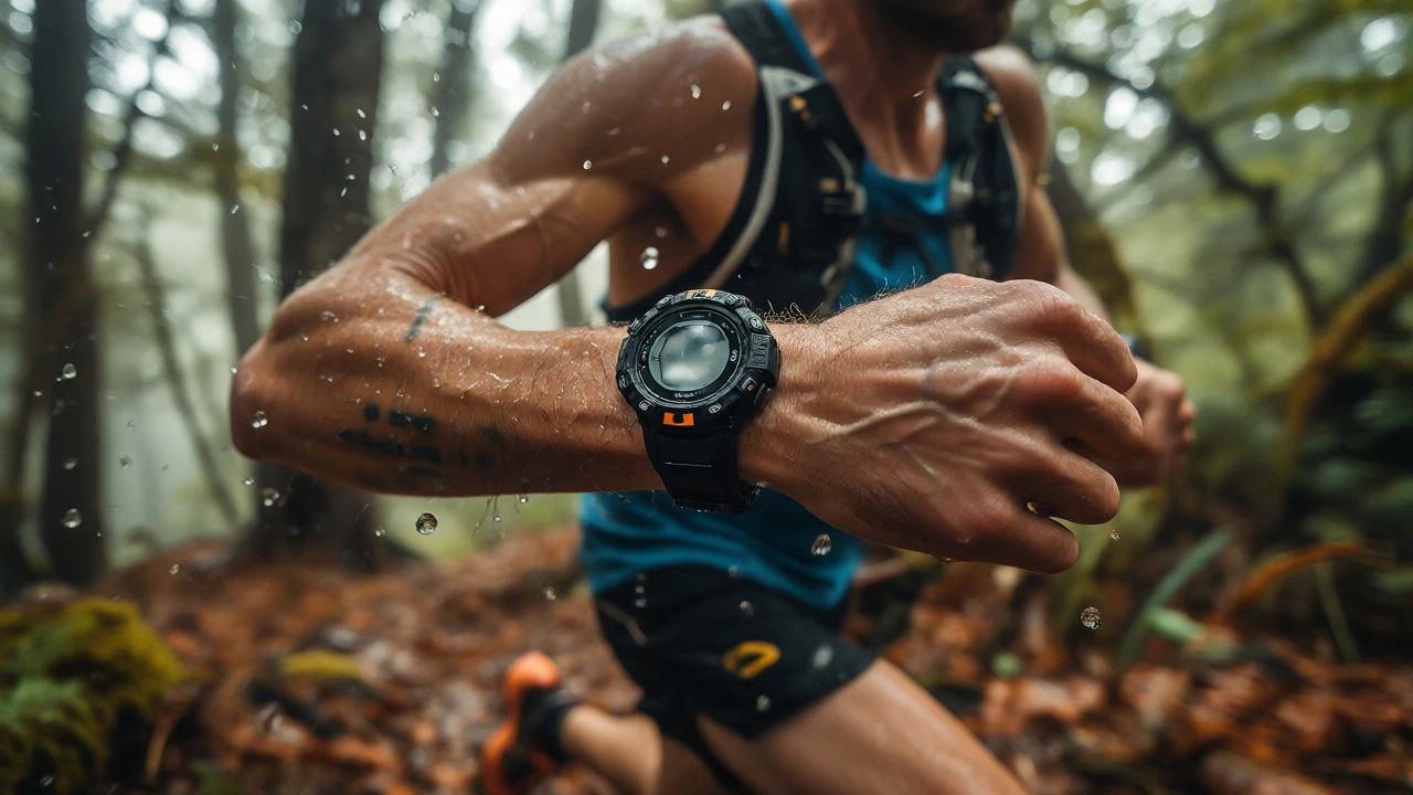 Runner wearing a rugged fitness tracker in a forest