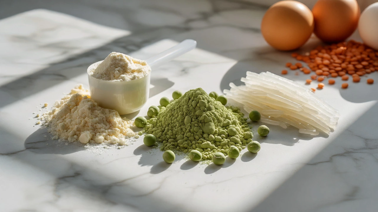 Scoop of whey, pea, and collagen proteins on marble surface