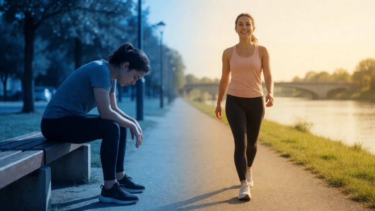 Split image comparing exhausted high-intensity training with relaxed, sustainable walking.
