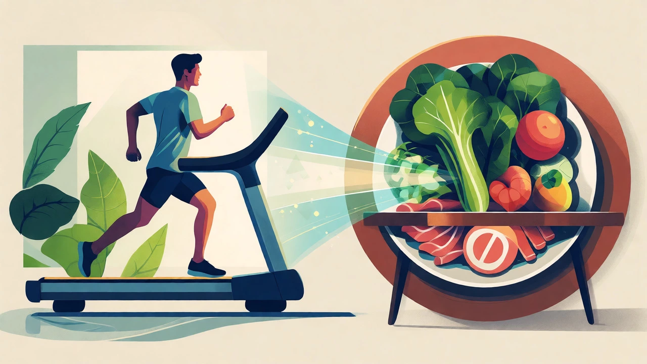 Artistic depiction of balance between running exercise and healthy nutrition