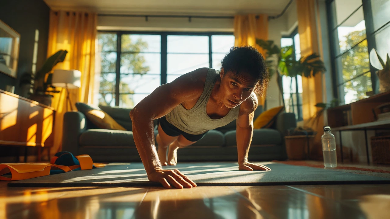Individual performing home exercises in a sunlit living room