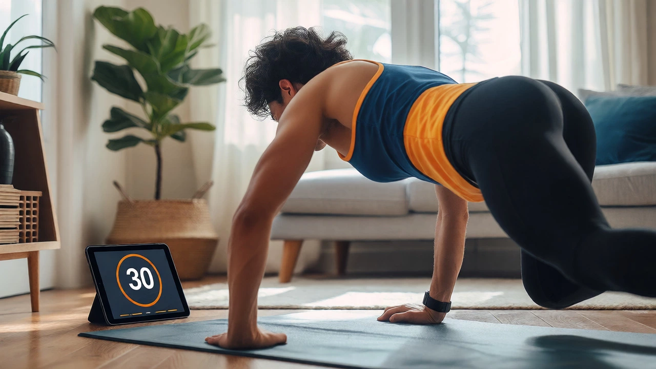 Person doing home workout watching simple timer on tablet nearby
