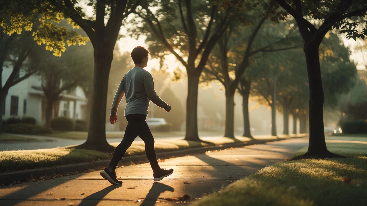Person walking briskly outdoors in soft morning sunlight