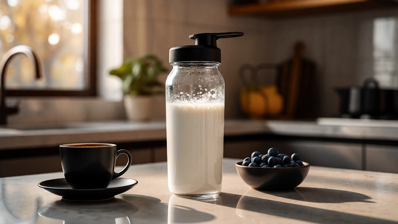 Protein shake and black coffee on a bright kitchen counter with berries