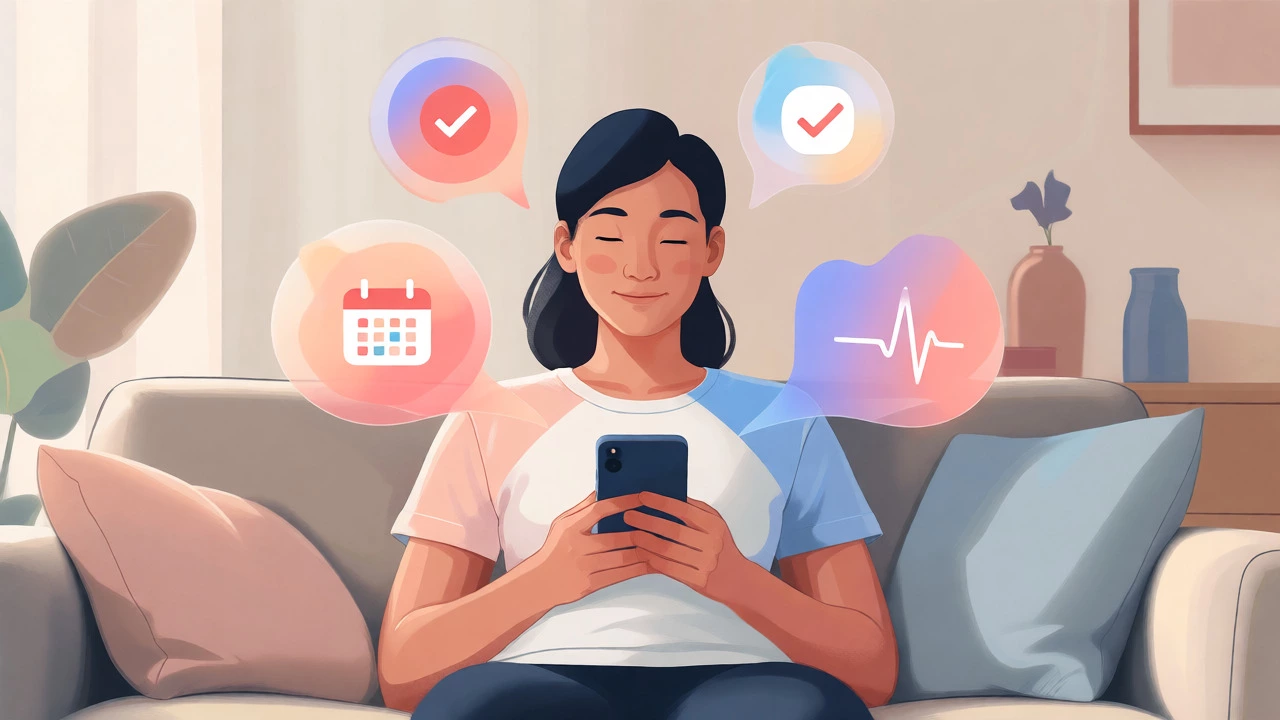 Relaxed person using fitness app with floating abstract health icons