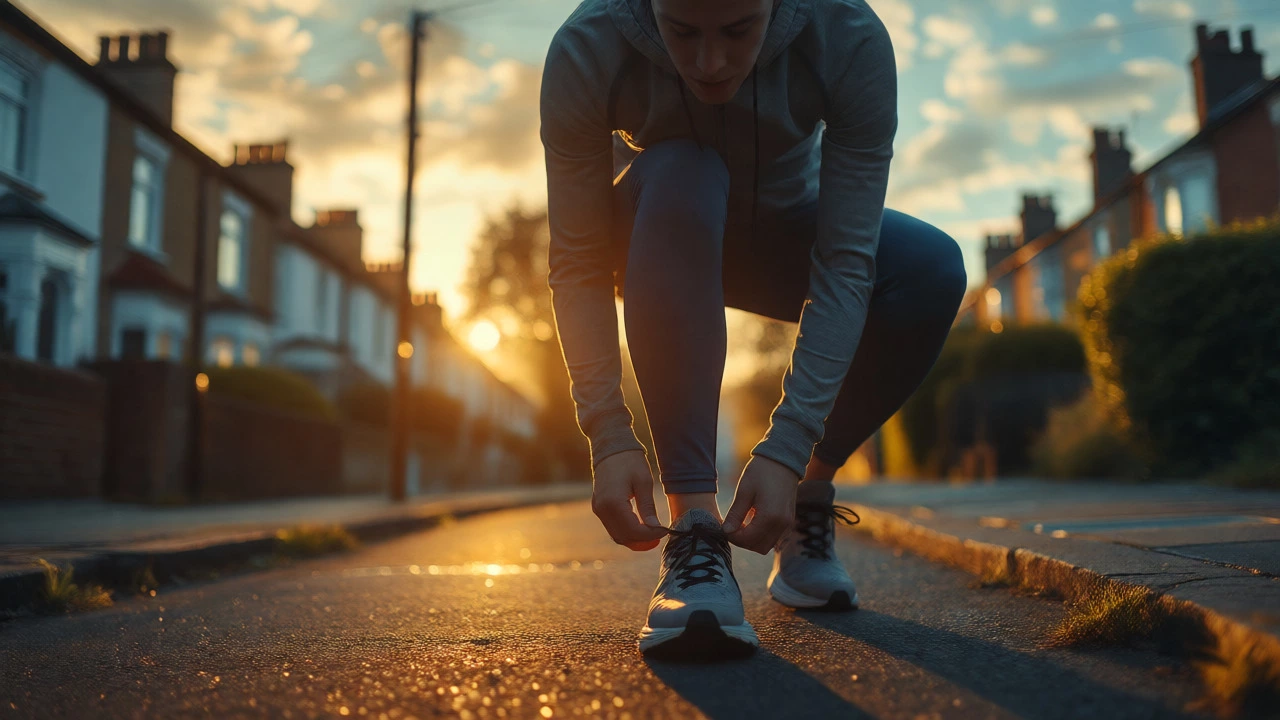 Runner tying shoes at dawn on a quiet street