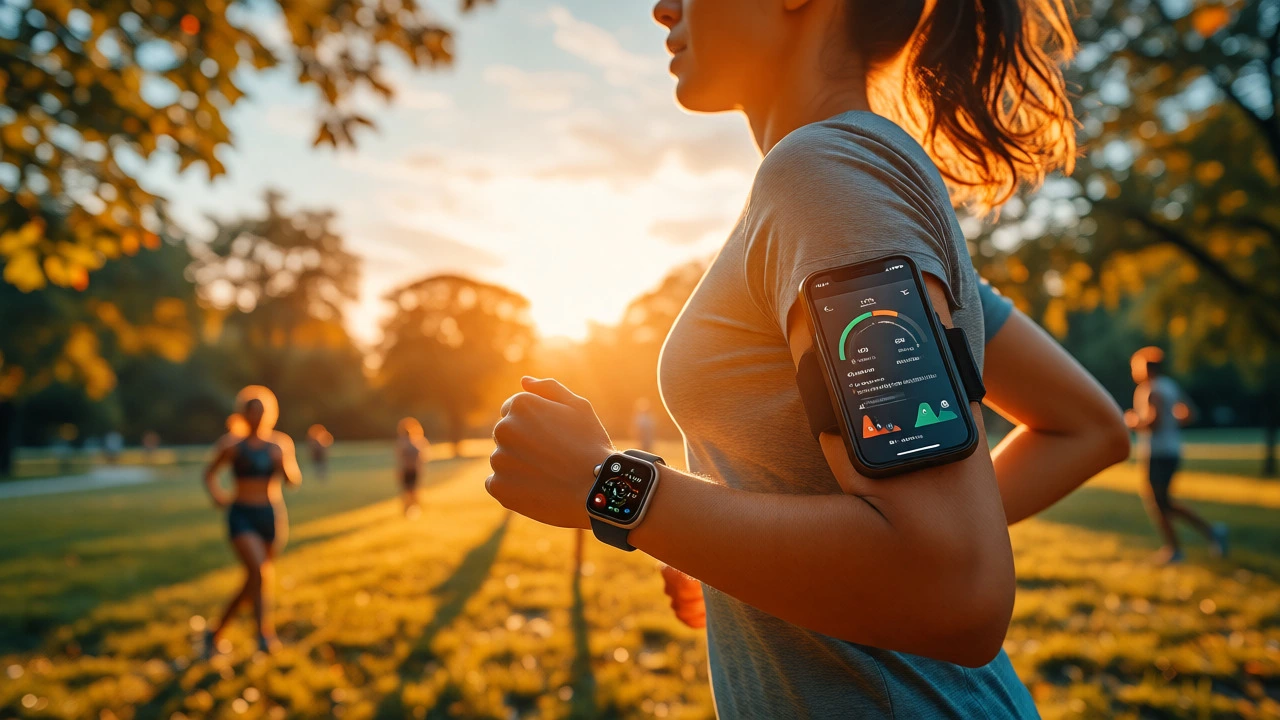 Runner using a smartwatch and phone app during a sunny outdoor jog.