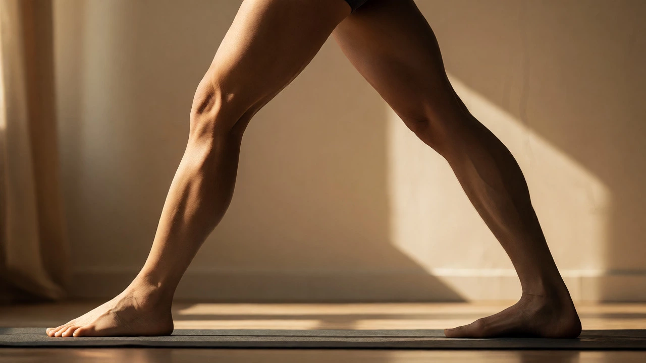 Side profile close-up of correct leg and pelvic alignment in Mountain Pose