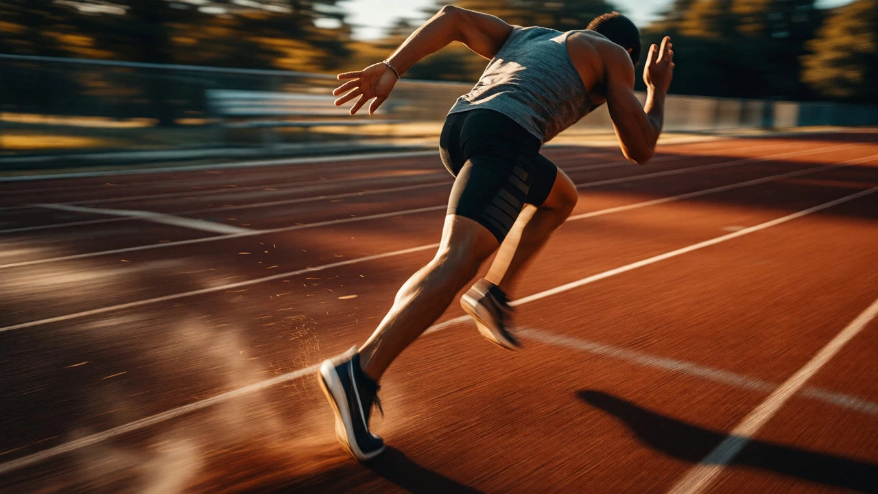 Sprinter running at full speed on a track during golden hour sunlight
