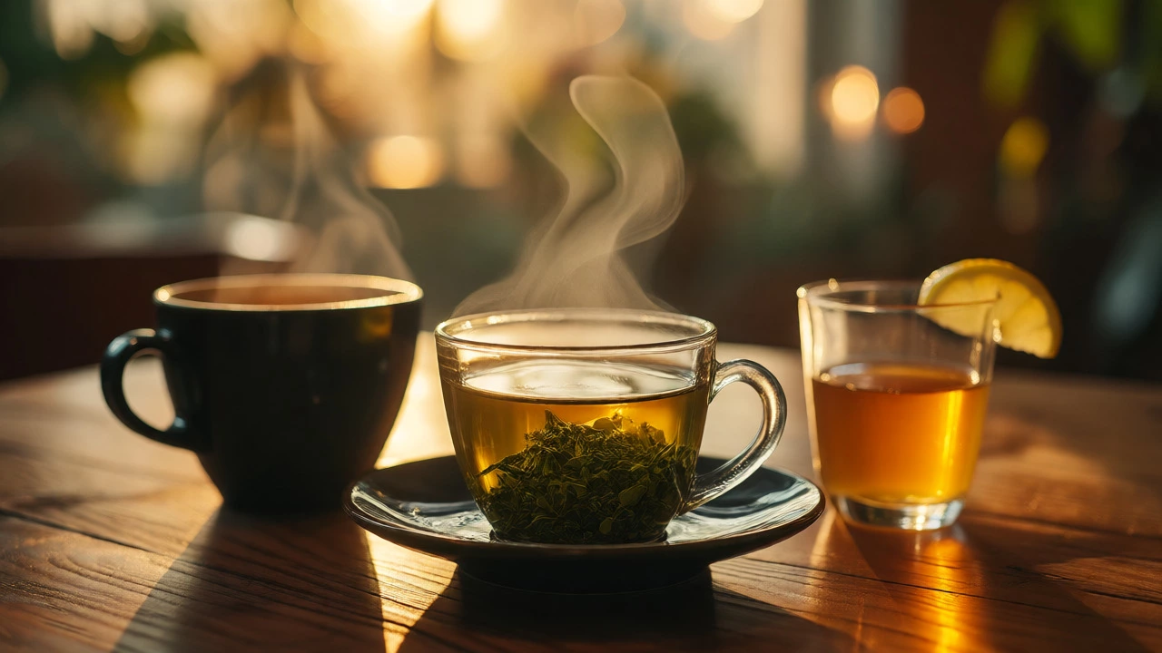Steaming green tea, coffee, and ACV on a wooden table