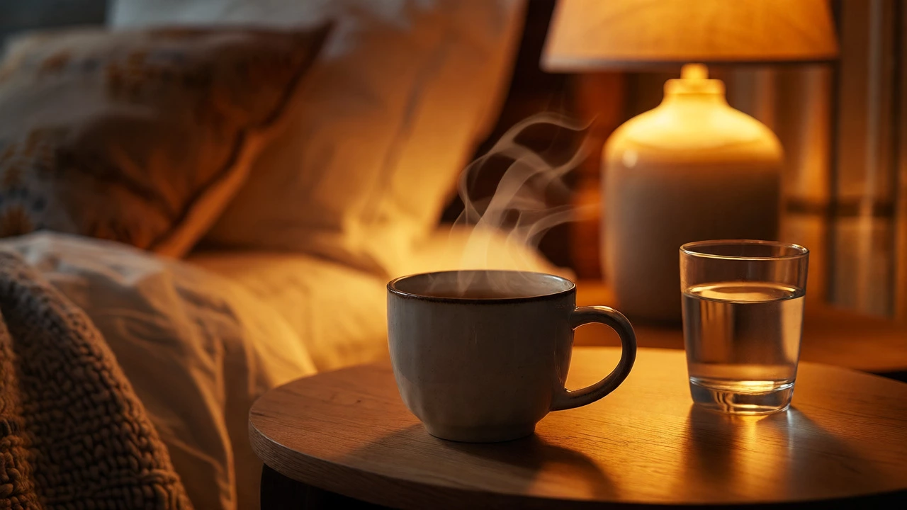 Steaming mug of chamomile tea and water on a bedside table at night