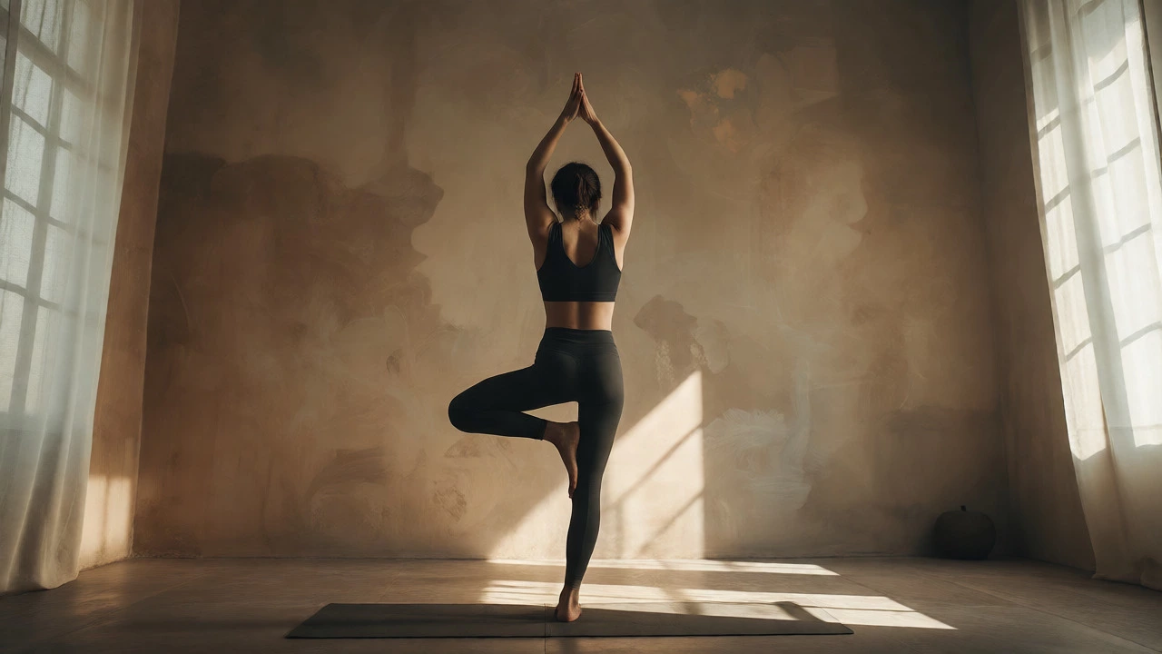 Yoga practitioner transitioning from Mountain Pose to balanced Tree Pose